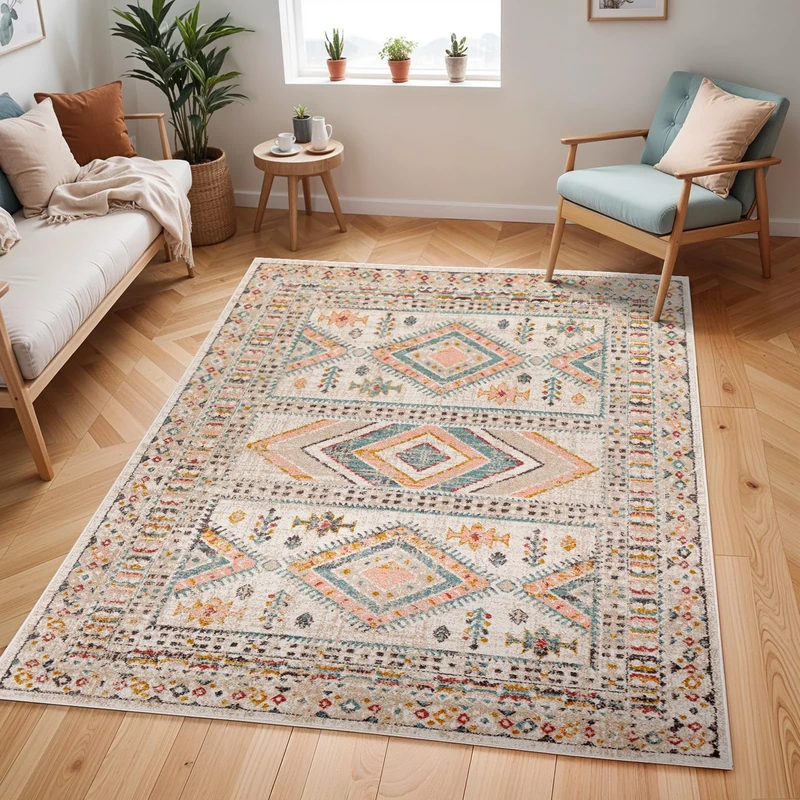 Livabliss Dublin Vintage Rug - Area Rugs Living Room 200X275 cm, Dining Floor, Kitchen, Traditional Multicoloured Boho Style, Easy Care Pile, Bohemian Large Rug, Ivory, Pink and Grey