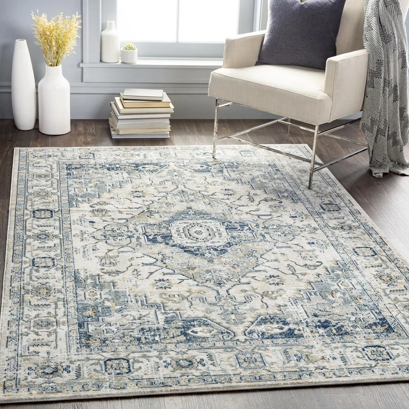 Livabliss London Vintage Rug - Area Rugs Living Room 160x220 cm, Dining Floor, Kitchen, Traditional Multicoloured Boho Style, Easy Care Pile, Bohemian Large Rug, Blue, Grey, Slate, Ivory