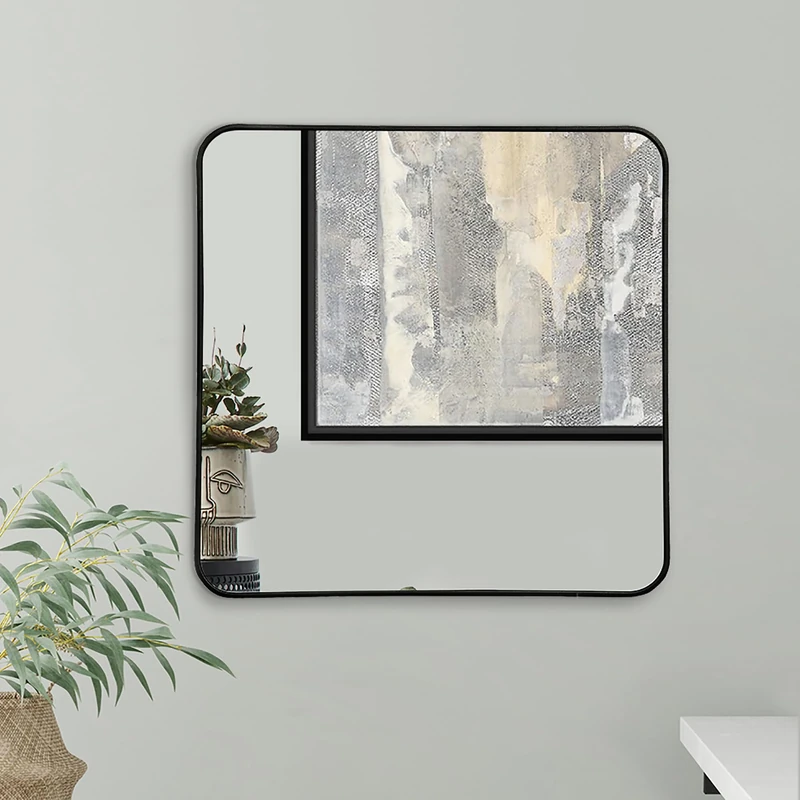Americanflat 60 cm Square Black Frame Mirror with Rounded Corners - Aluminium Framed Wall Mirror for Bedroom, Bathroom, and Living Room - Large Mirror for Wall with Hanging Hardware