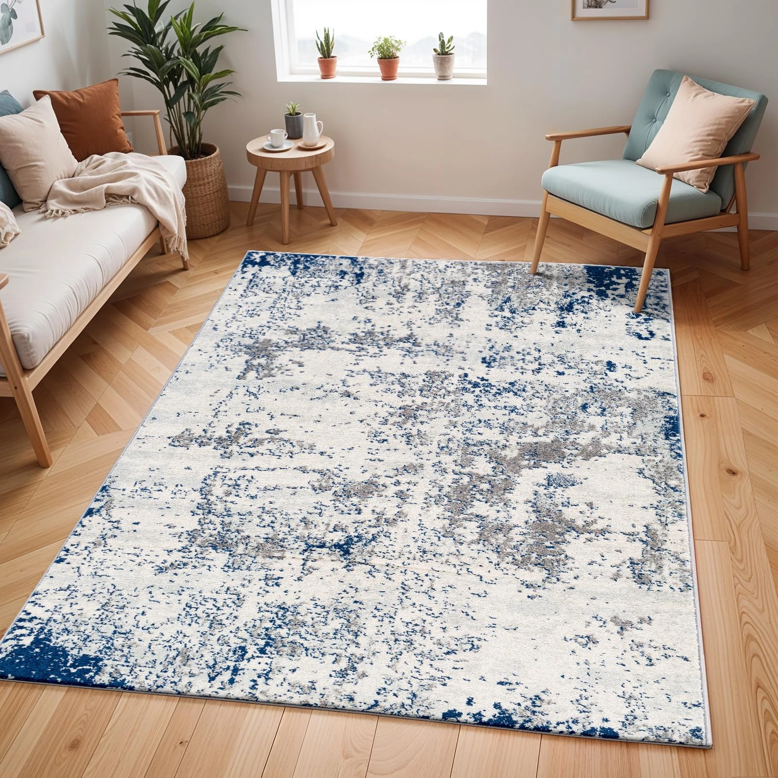 Livabliss Leyte Abstract Rug - Area Rugs Living Room 160x220 cm, Dining Room, Lounge, Kitchen, Bedroom - Modern Marble Large Rug, Soft Luxurious Easy Care Medium Pile, Charcoal, Grey, Ivory and Blue