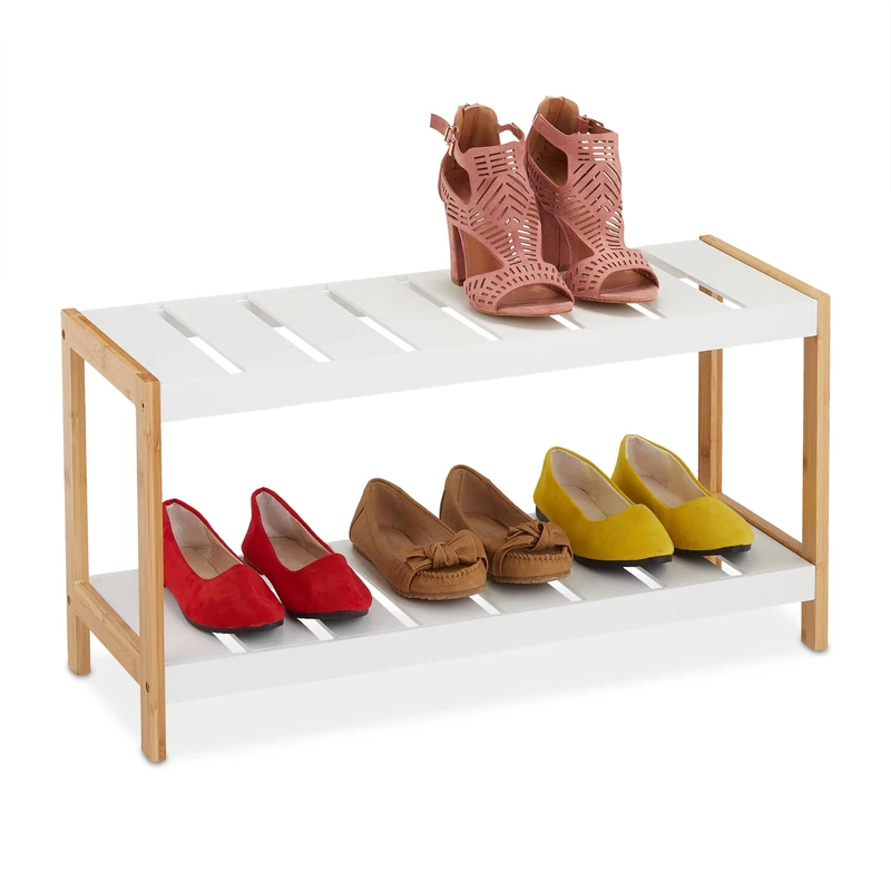 Relaxdays Shoe Rack, 2 Shelves, for 6 Pairs, 36 x 70 x 26 cm, Footwear Storage, Organiser, MDF, Bamboo, White/Natural, Fibreboard