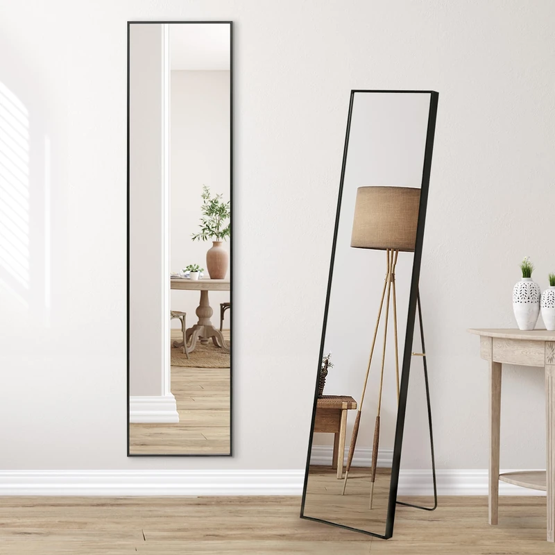 Americanflat 35x150 cm Aluminium Black Full Length Mirror with Stand - Free Standing Full Body Mirror for Bedroom and Living Room with Built-in Easel