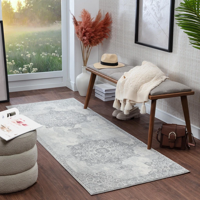 Livabliss Kuta Vintage Hallway Runner 80x220 cm – Scandi Neutral Design, Traditional Boho Pattern, Natural Easy-Care Pile for Living Room, Grey and Ivory