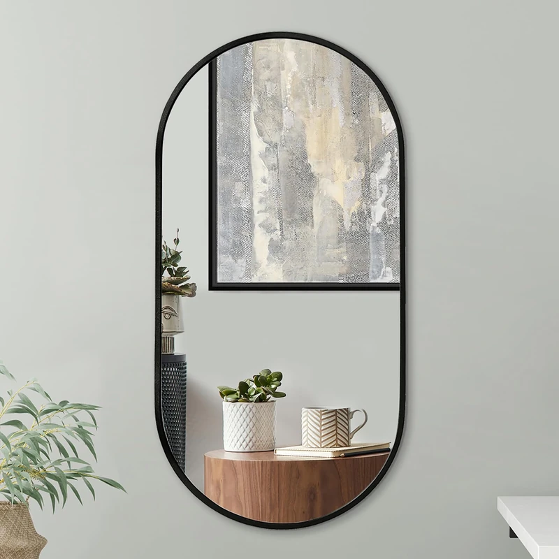 Americanflat 50x100 cm Black Oval Mirror - Aluminium Framed Bathroom Mirror in Black for Living Room or Bedroom - Wall-Mounted Hanging Design with Modern Rounded Frame