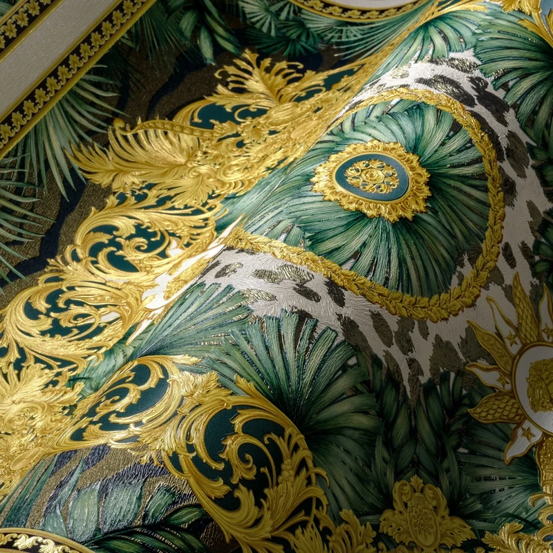 A.S. Création Versace Wallpaper Jungle Wallpaper Luxury 387034 Green Gold White Palm Leaves Designer Logo 10.05 x 0.70 m Made in Germany