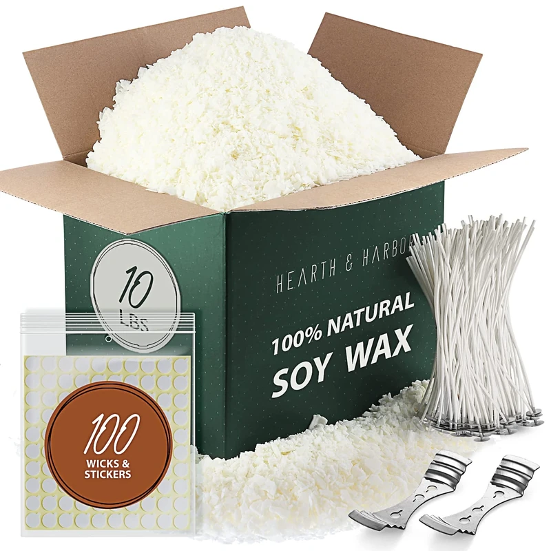 Hearth & Harbor Soy Candle Wax for Candle Making - Natural Soy Wax for Candle Making 4.5 kg Bag, Premium Soy Wax Flakes, 100 Cotton Candle Wicks, 100 Wick Stickers, & 2 Centering Devices