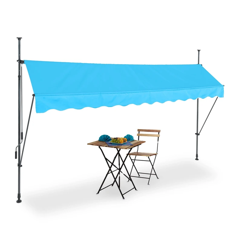 Relaxdays Clamp Awning, 350 cm Wide, Height Adjustable, Balcony Sun Protection, No Drilling, UV-Resistant, Light Blue/Grey