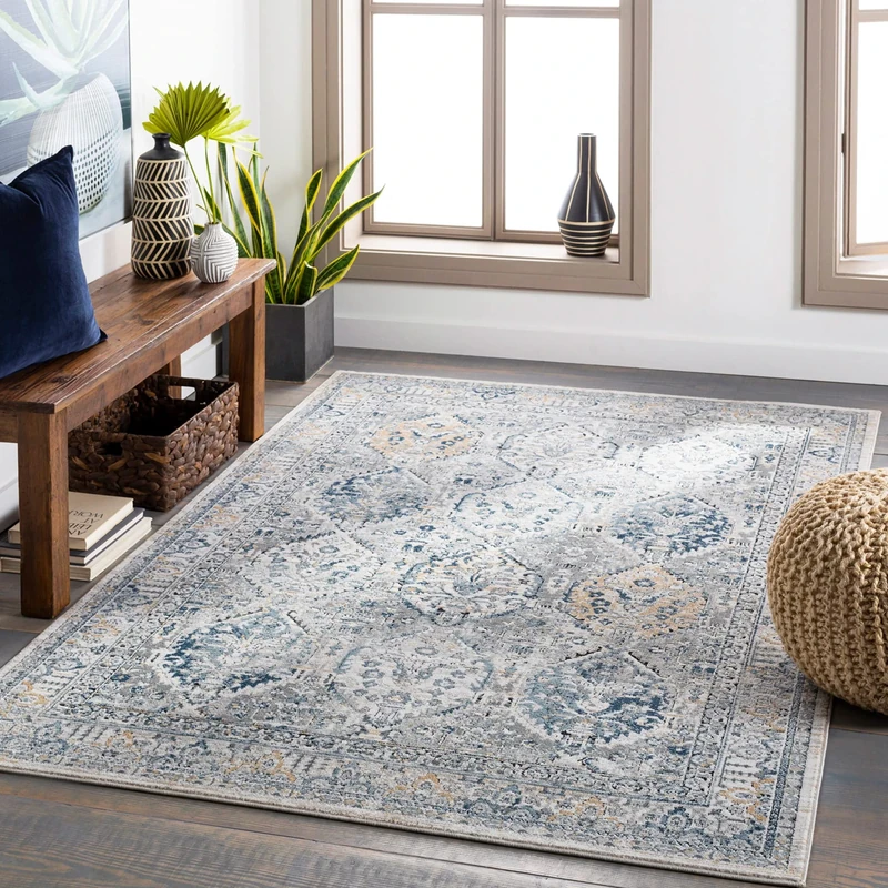 Livabliss Mayfair Vintage Rug - Area Rugs for Living Room 160x220 cm, Bedroom - Scandi Neutral Rugs, Traditional Patterned Boho Style, Natural Easy Care Pile - Large Rug, Grey and Blue