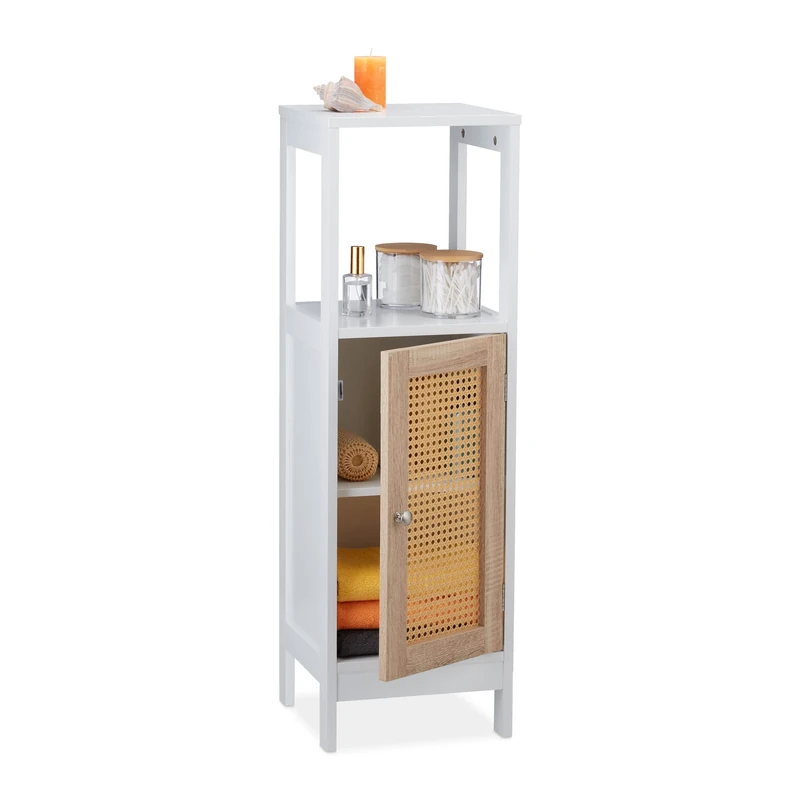 Relaxdays Bathroom Cabinet, 3 Compartments, HWD: 96.5 x 30 x 30 cm, Narrow Storage Unit with Rattan Door, White/Natural