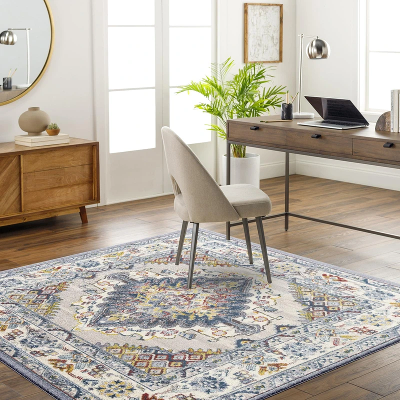 Livabliss Casablanca Vintage Rug - Area Rugs for Living Room 200x200 cm, Bedroom - Scandi Neutral Rugs, Traditional Patterned Boho Style, Natural Easy Care Pile - Large Rug, Taupe, Blue and Grey