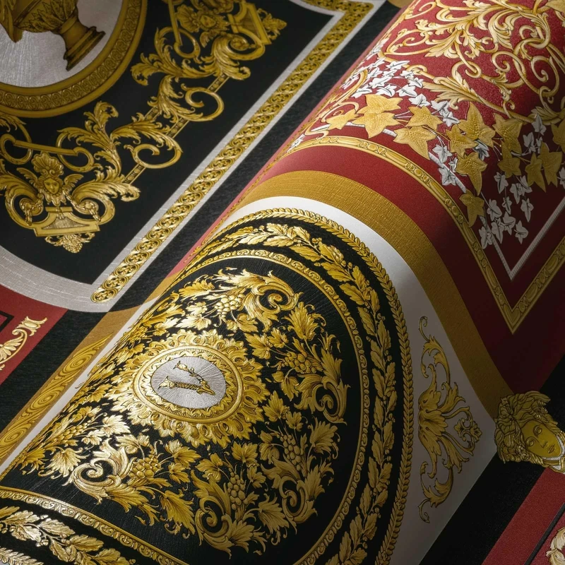 A.S. Création Wallpaper Baroque Luxury Wallpaper Floral 387046 Red Gold Black White Designer Logo 10.05 x 0.70 m Made in Germany