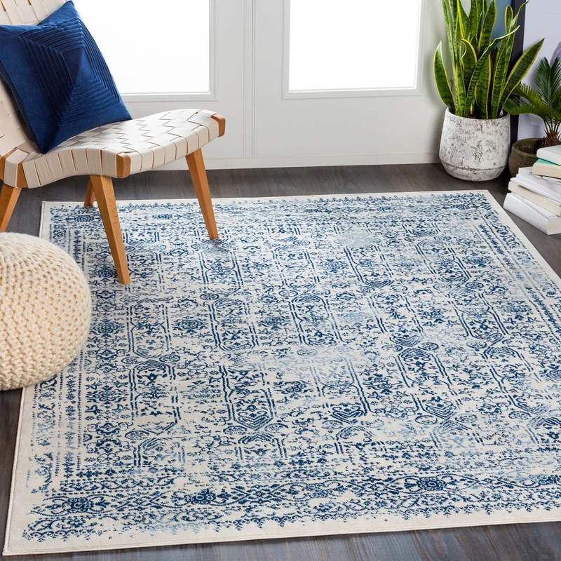 Livabliss Marrakech Vintage Rug - Area Rugs for Living Room 200x275 cm, Bedroom - Scandi Neutral Rugs, Traditional Patterned Boho Style, Natural Easy Care Pile - Large Rug, White & Blue