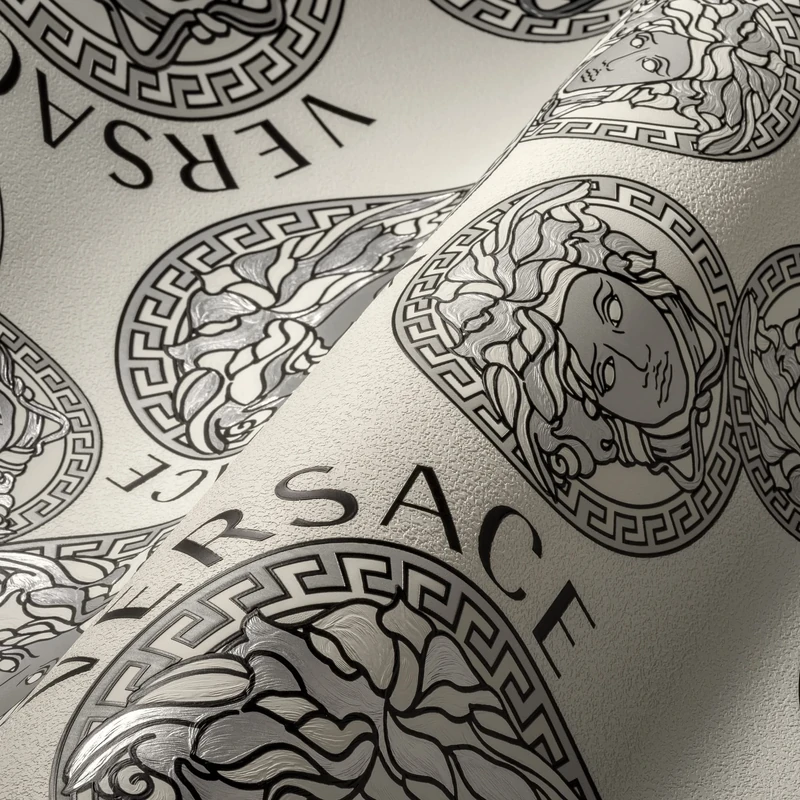 A.S. Création Wallpaper White Black Silver Luxury Designer Non-Woven Wallpaper Logo Medusa 386102 10.05 x 0.70 m Made in Germany
