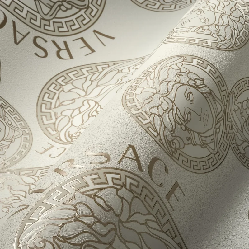 Versace Wallpaper White Pearl Beige Luxury Designer Non-Woven Wallpaper Logo Medusa 386103 10.05 x 0.70 m Made in Germany