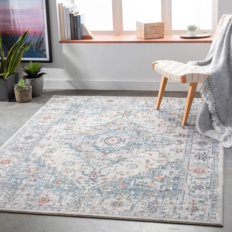 Livabliss London Vintage Rug - Area Rugs Living Room 160x220 cm, Dining Floor, Kitchen, Traditional Multicoloured Boho Style, Easy Care Pile, Bohemian Large Rug, Grey and Blue