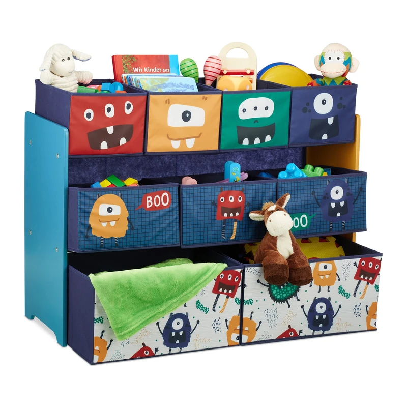 Relaxdays Children's Shelf with 9 Fabric Boxes, Monster Design, 70 x 92.5 x 30 cm, Toy Storage for Kids' Room, Colourful