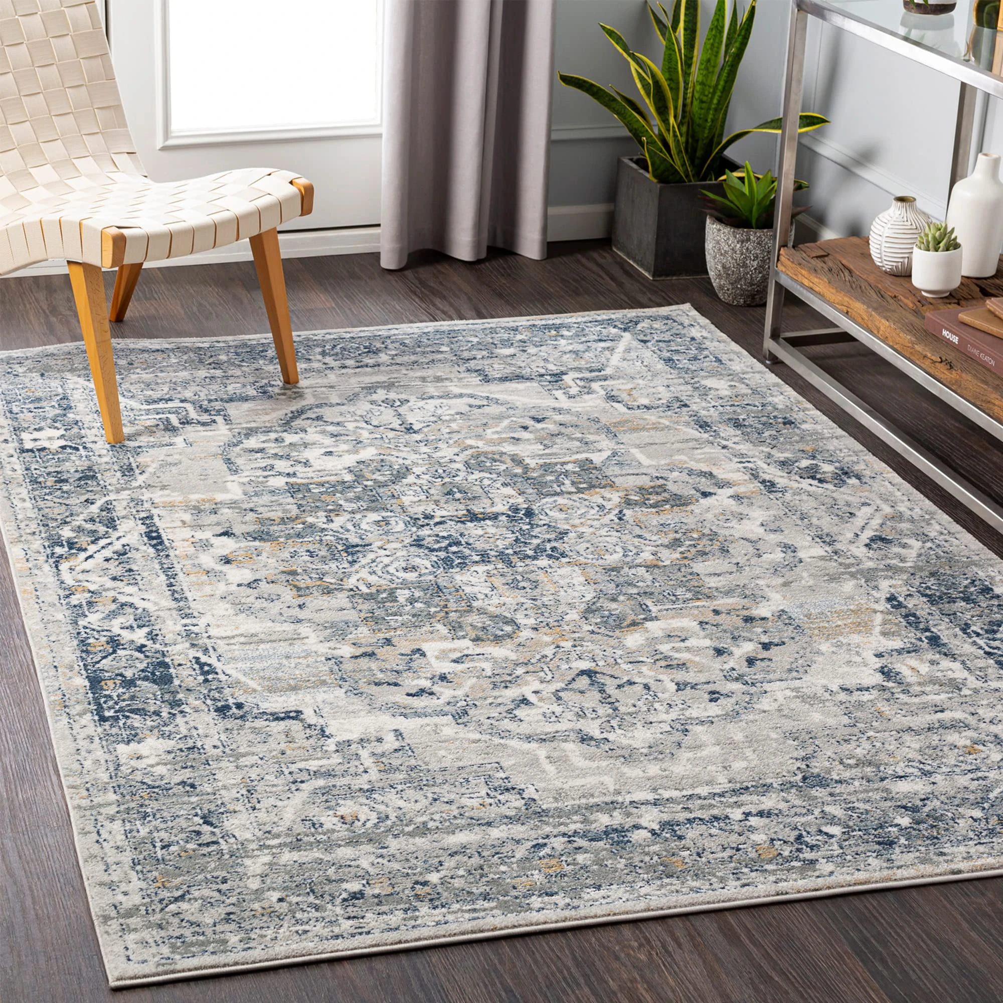 Livabliss Ascot Vintage Rug - Area Rugs for Living Room 160x220 cm, Bedroom - Scandi Neutral Rugs, Traditional Patterned Boho Style, Natural Easy Care Pile - Large Rug, Grey and Blue