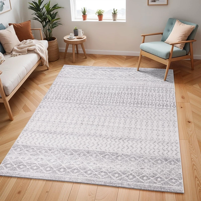 Livabliss Nice Geometric Rug - Scandi Area Rugs Living Room 240x310 cm, Dining, Kitchen - Neutral, Abstract Patterned Rugs, Boho Style, Easy Care Pile - Large Rug,Light Grey and White