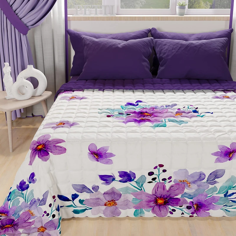 PETTI Artigiani Italiani - Summer Bedspread 220 x 260 cm 100 g/m² Double Face, Spring Quilt, Lightweight Quilt, Purple Floral, 100% Made in Italy