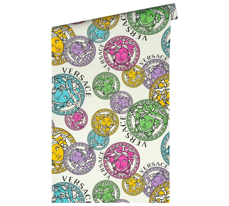 Versace Wallpaper Colourful White Pink Blue Luxury Designer Non-Woven Wallpaper Logo Medusa 386101 10.05 x 0.70 m Made in Germany