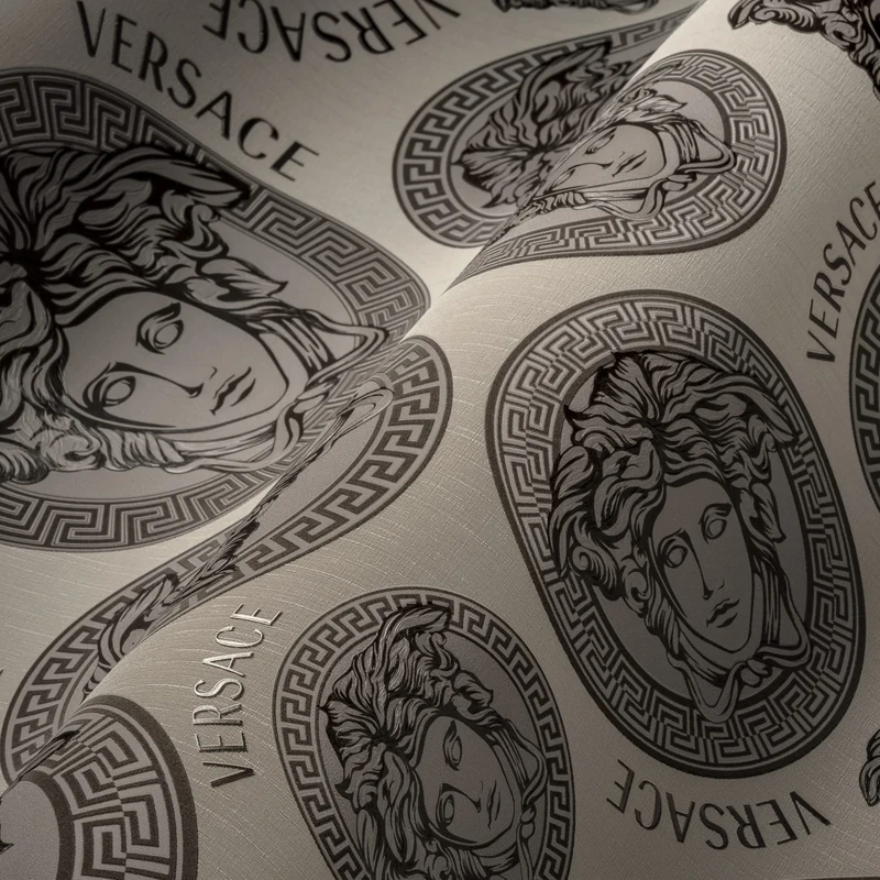 Versace Wallpaper Medusa 386112 Luxury Designer Non-Woven Wallpaper Logo 10.05 x 0.70 m Made in Germany Beige Grey