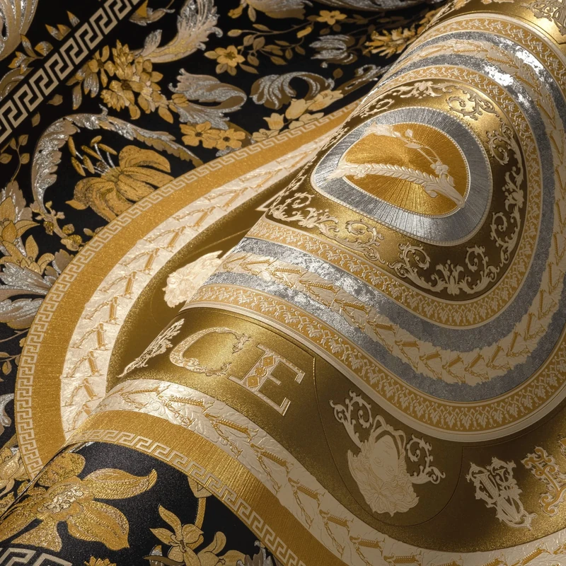 A.S. Création Wallpaper Floral 387055 Wallpaper Gold Black Silver Designer Tendrils Circles 10.05 x 0.70 m Made in Germany