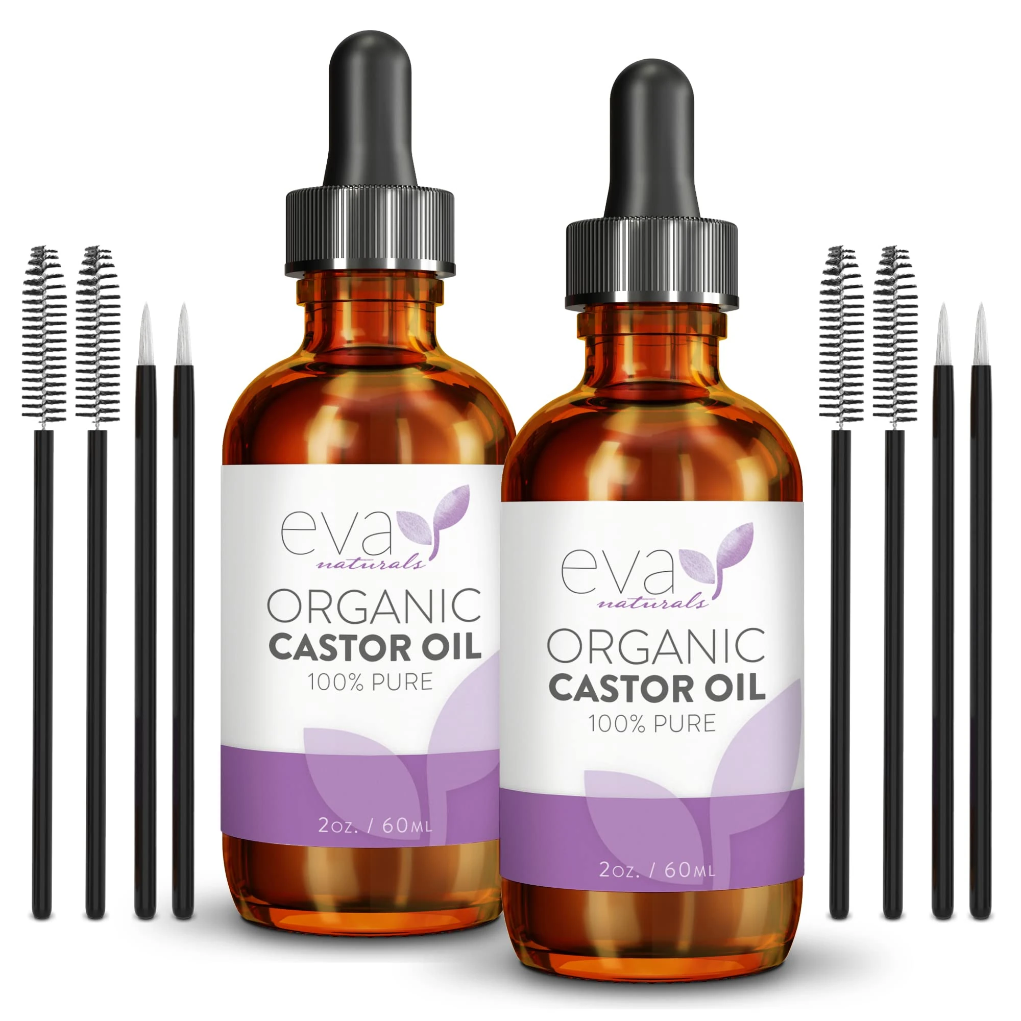 Eva Naturals Organic Castor Oil (60ml) - Promotes Hair, Eyebrow and Lash Growth - Diminishes Wrinkles and Signs of Aging - Organic Castor Oil for Hair Growth - 100% Pure (2 Pack)