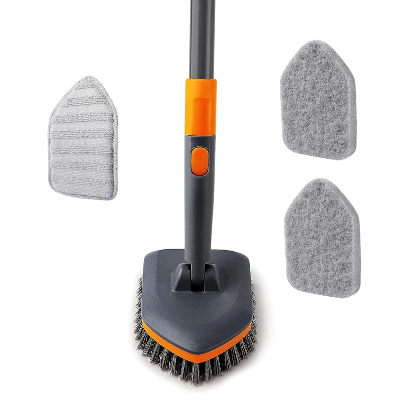CLEANHOME Shower Scrubber,Scrubbing Brush with Metal Handle,Shower Cleaner Tool Includes Brush,2 Sponge Cloths,Microfibre Cloths,Bathroom Upgrades for Cleaning Bathtubs,Floors,Surfaces and Crevices