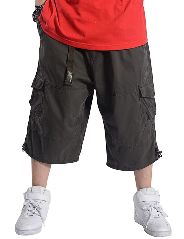 Kinghua Baggy Cargo Shorts for Men Elastic Waist Loose Fit Cotton Twill Below Knee Long Shorts, Army Green, 32 - Image 1