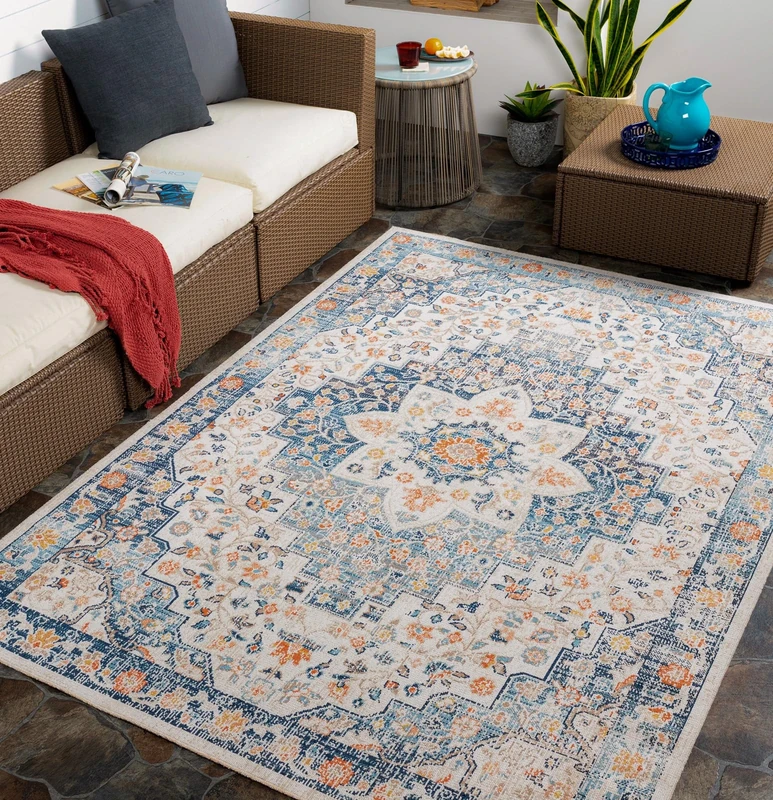 Livabliss Assa Indoor Outdoor Rug - Large Boho Rugs for Living Room 200x275 cm Dining, Kitchen Carpet, Patterned Neutral & Coloured Rugs, Waterproof, Stain Durable - Blue, Beige, Rust