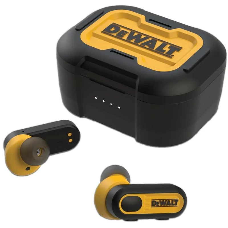 DEWALT Heavy Duty True Wireless Ear Buds, Bluetooth Headphones with Type C Charging Case Included, Over 37 Hours of Battery Life, Easy Setup for iPhone, Perfect for Jobsite, Outdoor Work, Yellow