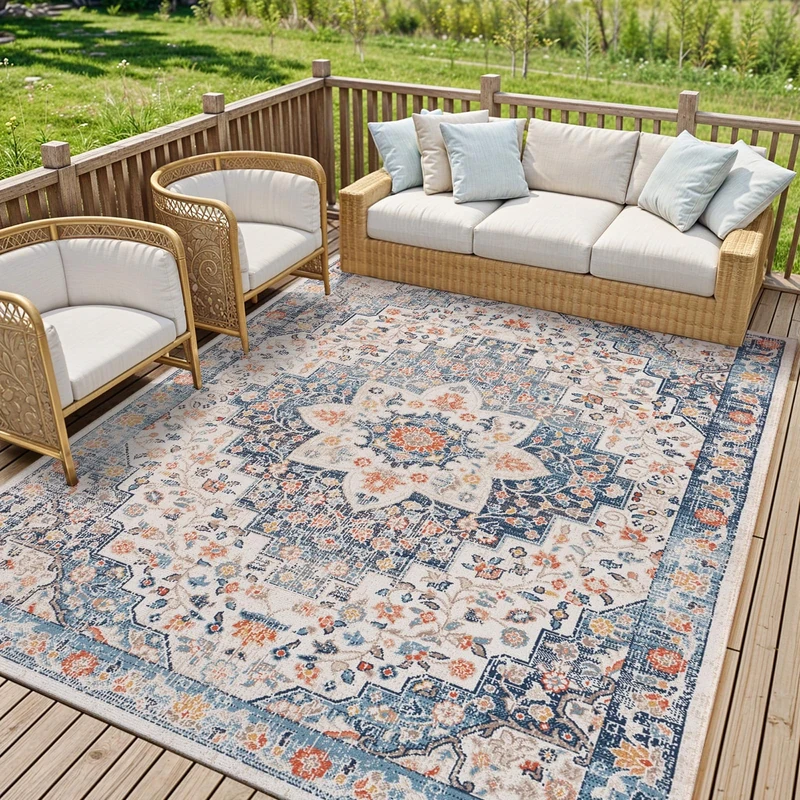 Livabliss Assa Indoor Outdoor Rug - Large Boho Rugs for Living Room 200x275 cm Dining, Kitchen Carpet, Patterned Neutral & Coloured Rugs, Waterproof, Stain Durable - Blue, Beige, Rust