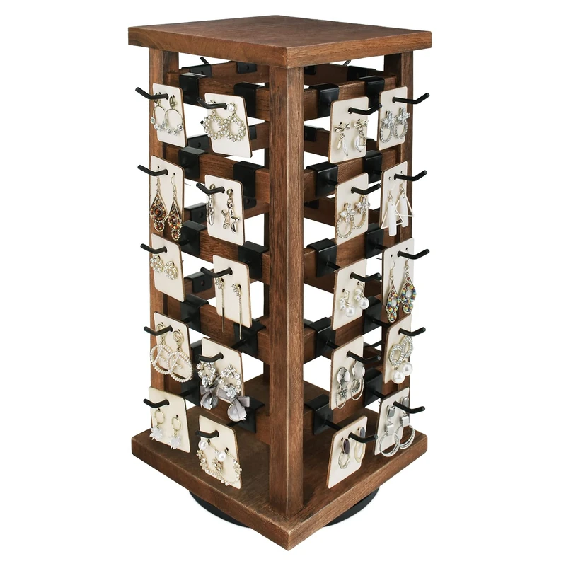 Ikee Design 5 Tier Rotating Wooden Jewelry Display Stand Easy to Assemble with 42 Removable Hooks Storage Display Stand for Earrings Card Shop Shop Showcase Living Room Home