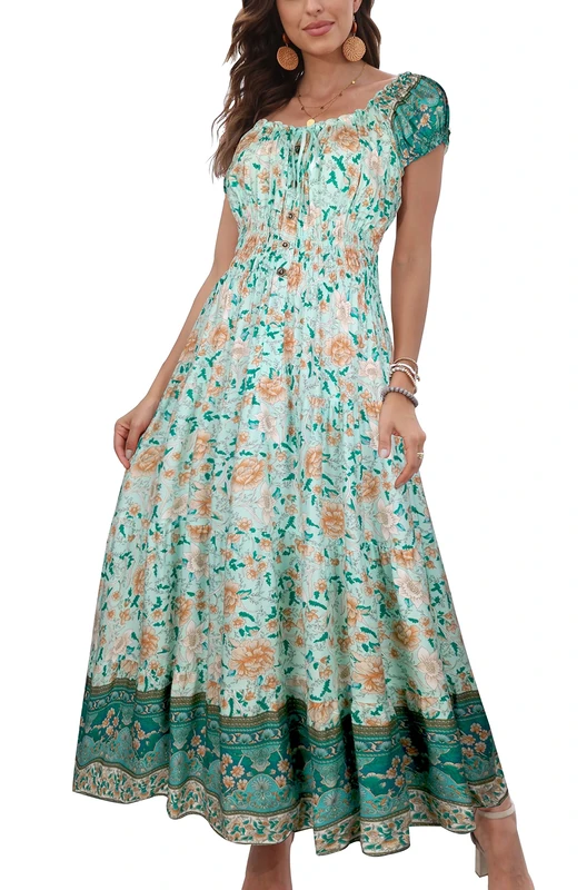 OSTOO Women's 2024 Summer Short Sleeves Boho Floral Print Tiered Casual Flowy Long Maxi Dress, Green Flower, XL