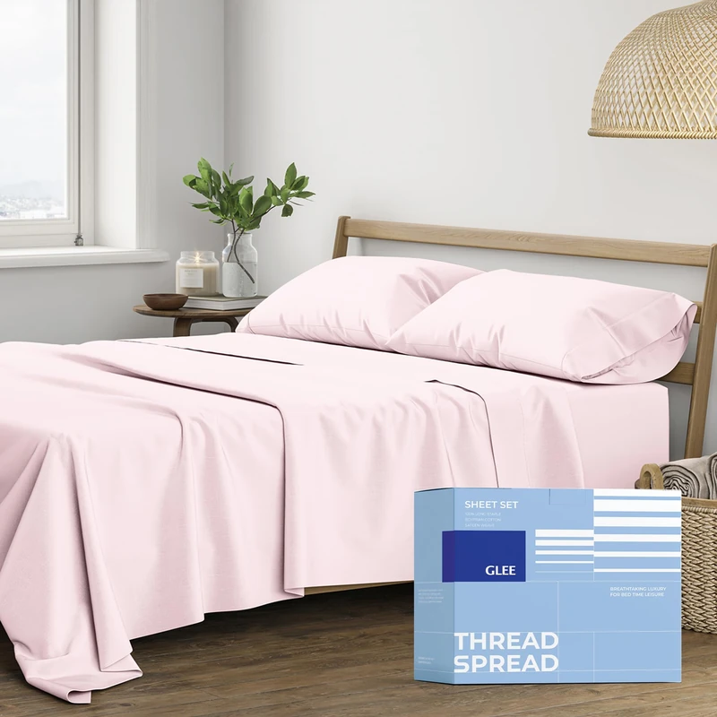 THREAD SPREAD Bettlaken aus 100% Baumwolle, Fadenzahl 400, King-Size-Satin-Gewebe, tiefe Taschen, 4-teiliges Bettwäsche-Set, ägyptische Qualität, Baumwolllaken für King-Size-Betten – Blush Pink