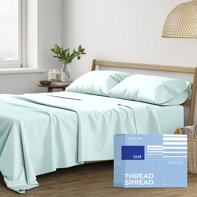 THREAD SPREAD 100% Cotton Full Size Sheets Set - 400 Thread Count 4 Piece Cotton Sheet Set - Soft, Breathable Cooling Sheets - Deep Pocket Full Size Cotton Bedsheets - Sateen Weave Bedsheet (Sea Foam)