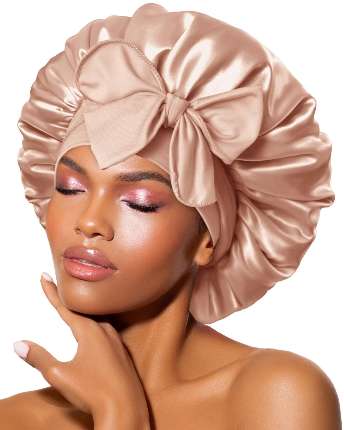 BONNET QUEEN Silk Bonnet for Sleeping for Curly Hair, Satin Bonnet Hair Wrap for Women & Men, Adjustable Silk Scarf Night Cap with Tie Band, Champagne