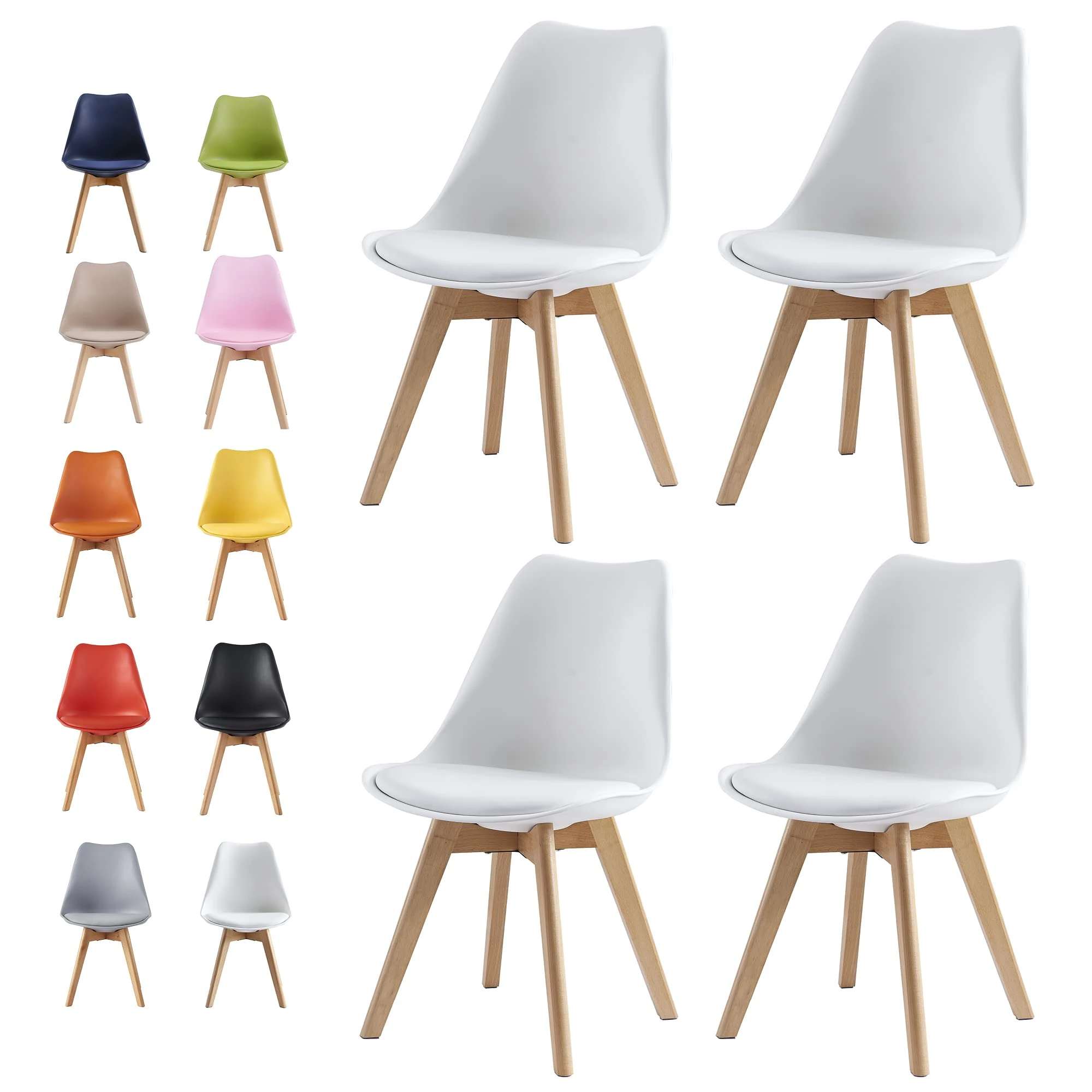 mcc direct Set of 4 Dining Chairs Wooden Legs Soft Cushion Pad Stylish DELUXE Retro Lounge Dining Office EVA (White)