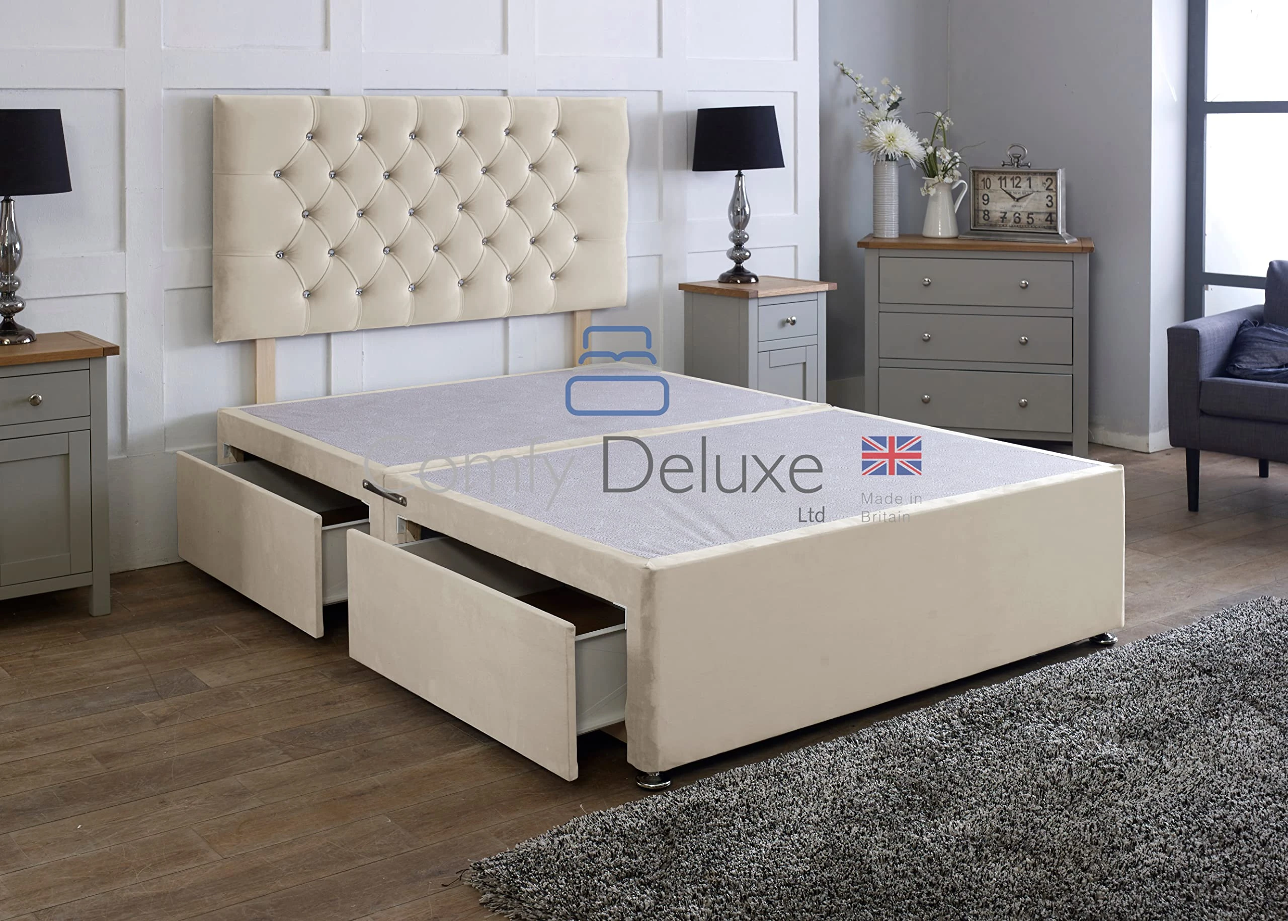 Comfy Deluxe LTD Plush Velvet Divan Bed Base with Chesterfield Headboard (No Mattress) (Stone, 5FT - 2 Drawers Foot End)