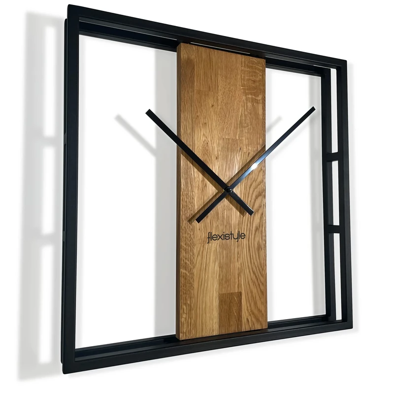 FLEXISTYLE square large wall clock 50cm loft style metal wooden wall clock oak silent non ticking for living room bedroom unusual design