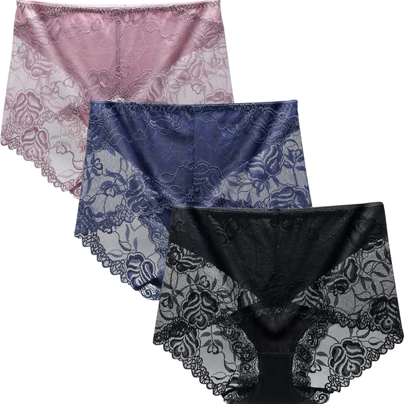 BLKDOTS Women's High Waist Lace Panties 3 Pack, multicoloured, L