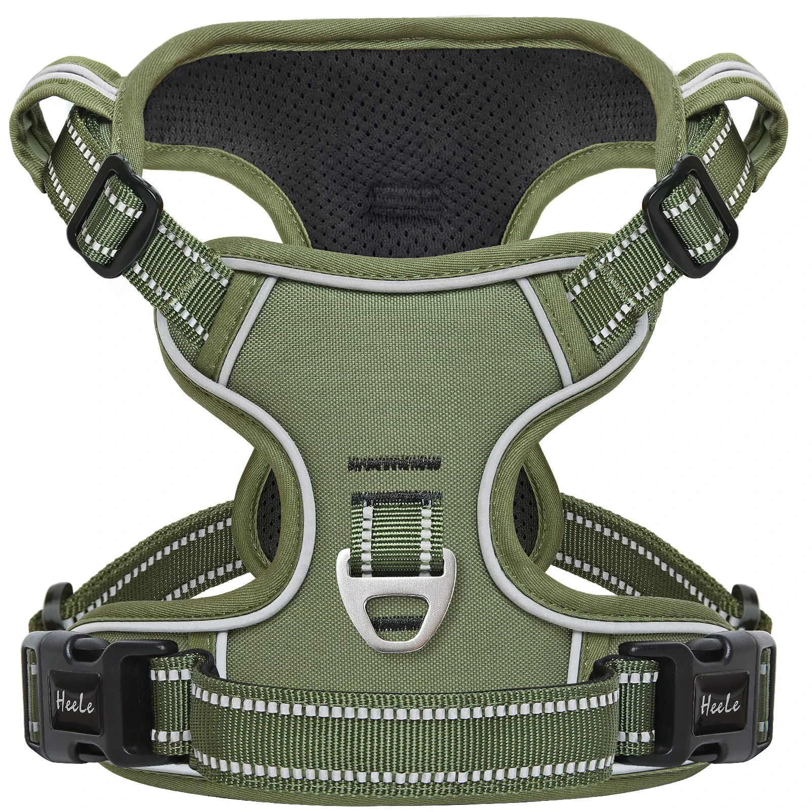 HEELE Dog Harness, Reflective Dog Harness, with Padded Handle Control, 2 Metal Rings, Harness for Small Medium and Large Dogs, Army Green, M