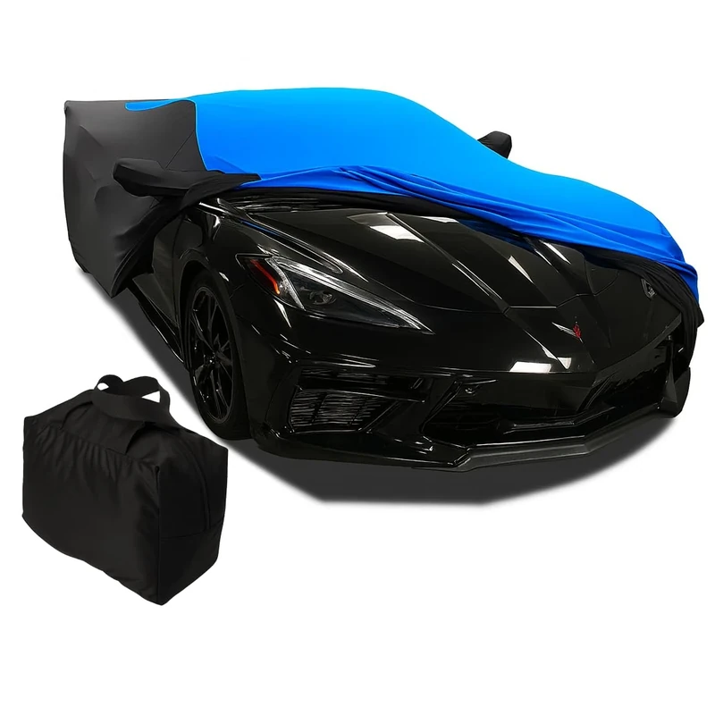 C8 Corvette Ultraguard Stretch Satin Indoor Car Cover : Sport Series - The Ultimate HIGH END Custom Fit for 2020-2023 Stingray, Z06, Z51 Corvettes (Blue/Black)