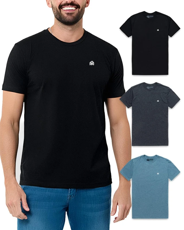 INTO THE AM Premium Mens T Shirt - Soft Fitted Modern Crew Neck Tees S - 4XL Fresh Classic Tshirt, 3-Pack Black, Charcoal, and Indigo, Medium