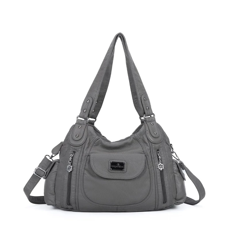 Angel Kiss Purses for Women, Large Shoulder Bag Hobo Tote Purse Mutipocket Faux Leather Satchel Hobo Purse, Grey