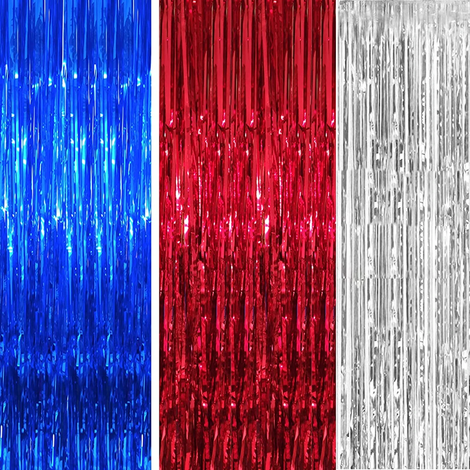3pcs Red Silver Blue Tinsel Foil Fringe Curtains,3.2ft x 6.5ft Party Backdrops Props for King Charles III Coronation,UK USA French Events,American Independence Day,Superhero Avengers Theme Party Decor