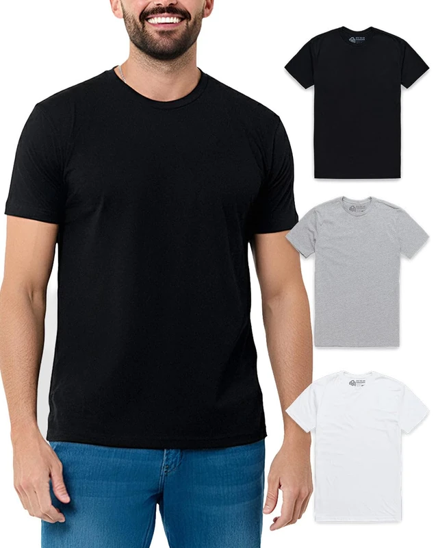 INTO THE AM Mens T Shirt with Logo - Short Sleeve Crew Neck Soft Fitted Tees S - 4XL Fresh Classic Basic Tshirts, 3-Pack Black, Grey, and White, Large
