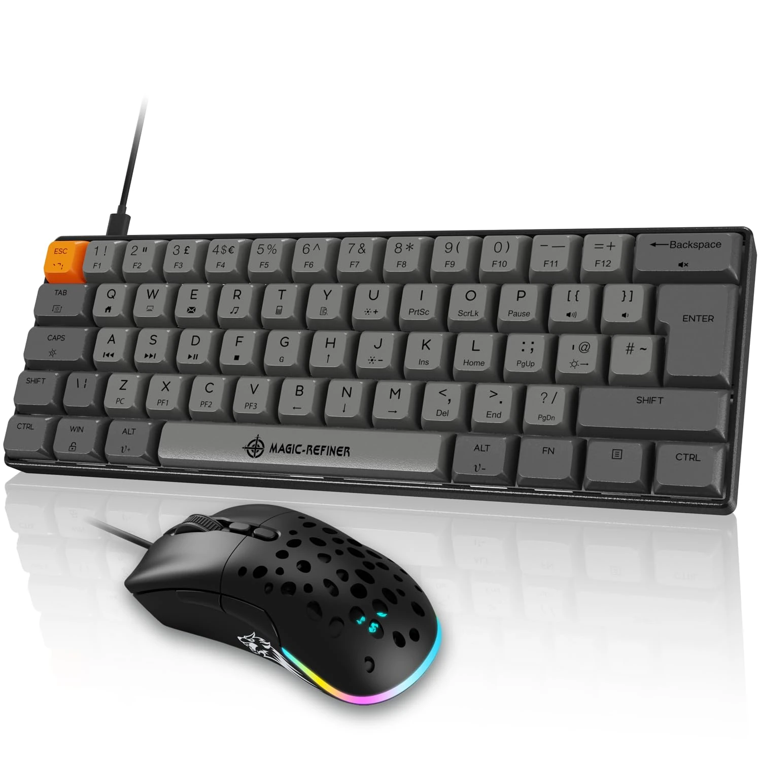 MAGIC-REFINER Wired RGB Gaming Keyboard and Mouse Set, 60% Percent Mechanical Keyboard UK Layout Brown Switch with Dye-sub PBT Keycaps, SUPERLIGHT Gaming Mouse, 12,000 DPI, Mouse Mat, for PC/MAC-Black
