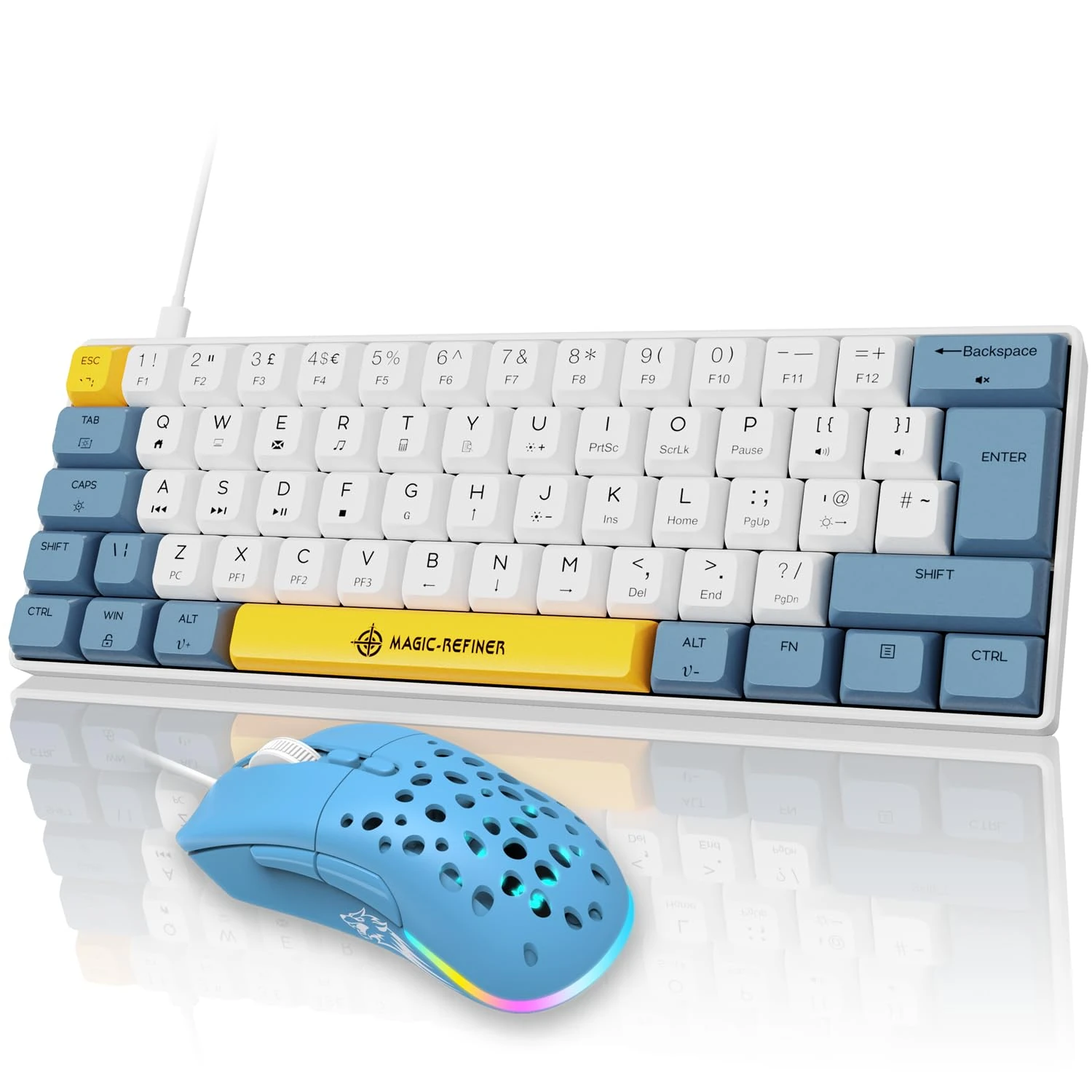 MAGIC-REFINER Wired RGB Gaming Keyboard and Mouse Set, 60% Percent Mechanical Keyboard UK Layout Red Switch with Dye-sub PBT Keycaps, SUPERLIGHT Gaming Mouse, 12,000 DPI, Mouse Mat, for PC/MAC-Blue