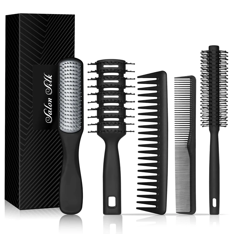 SalonSilk Hair Brush for Men, 5 Piece Men's Hair Brush and Styling Comb Set - Professional Hairdressing Tool for All Hair Types, Perfect for Styling, Grooming and Detangling